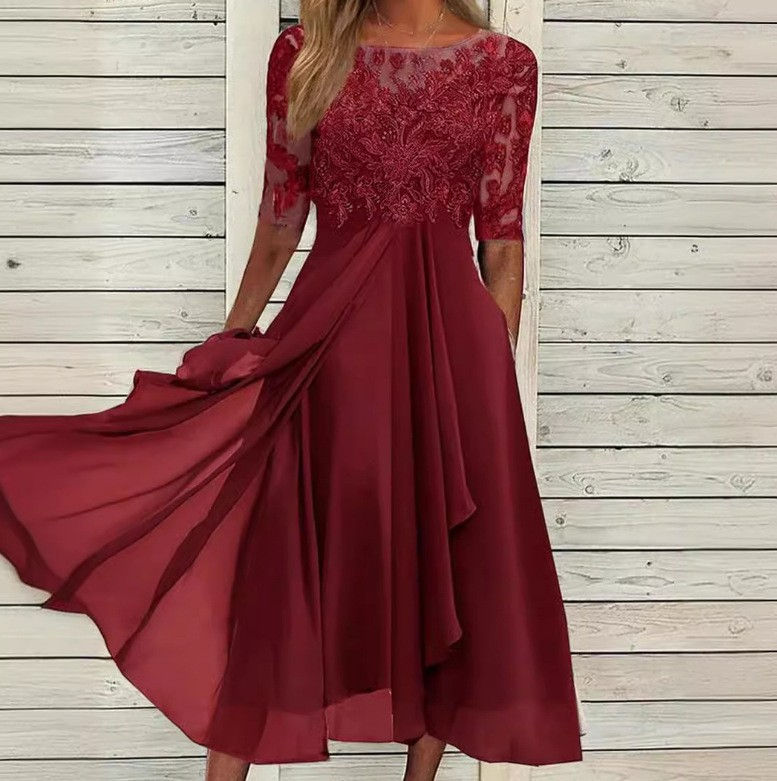 Thumbnail: Fashion O-neck Short-sleeved Waist Dress For Women Elegant Solid Color Chiffon S
