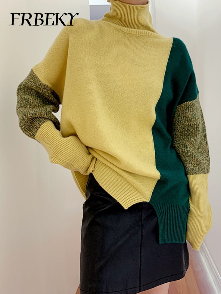 Thumbnail: New Autumn Winter Casual Sweater Turtleneck Contrast Color Loose Sweater Oversiz
