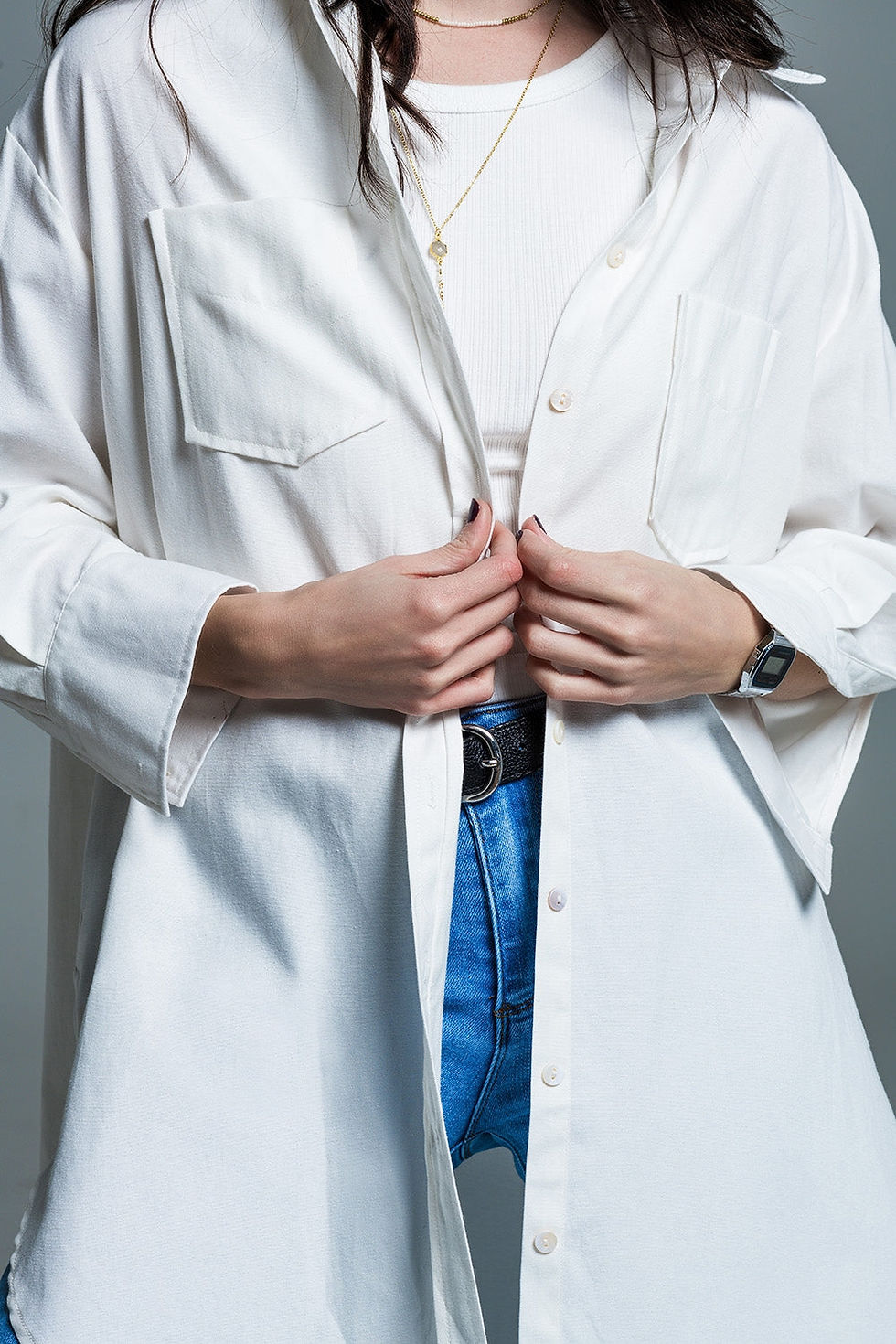 Thumbnail: Boyfriend Cut Shirt With 3/4 Sleeve in White