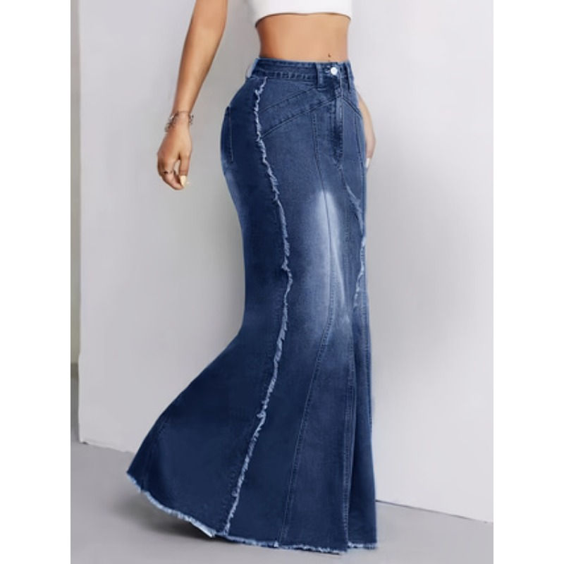 Women's High Waist Stretch Denim Skirt Slim Fit Frayed Hem Casual Fashion Bodyco
