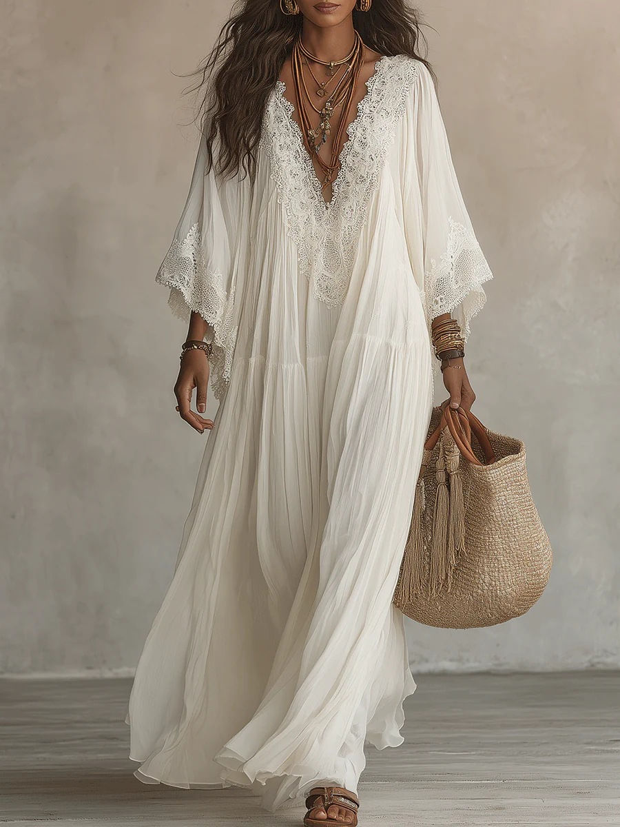 Beach Style Long Dress for Women White V-Neck Batwing Sleeve Lace Splice Elegant