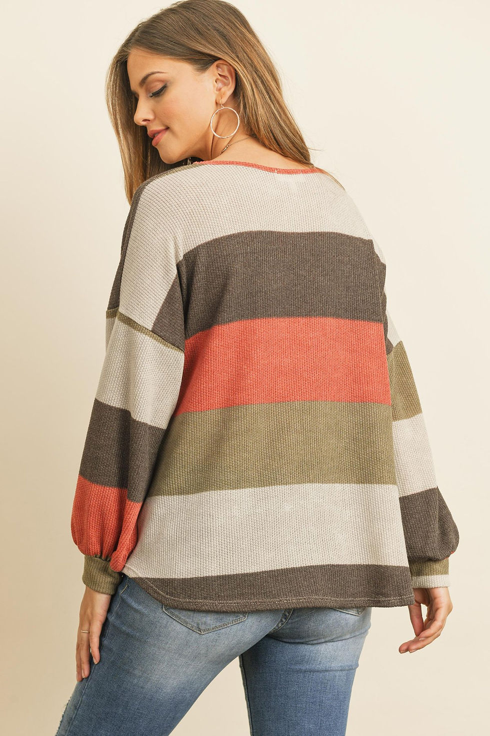 Thumbnail: Rib Multicolor Stripes V-Neck Puff Sleeves Top