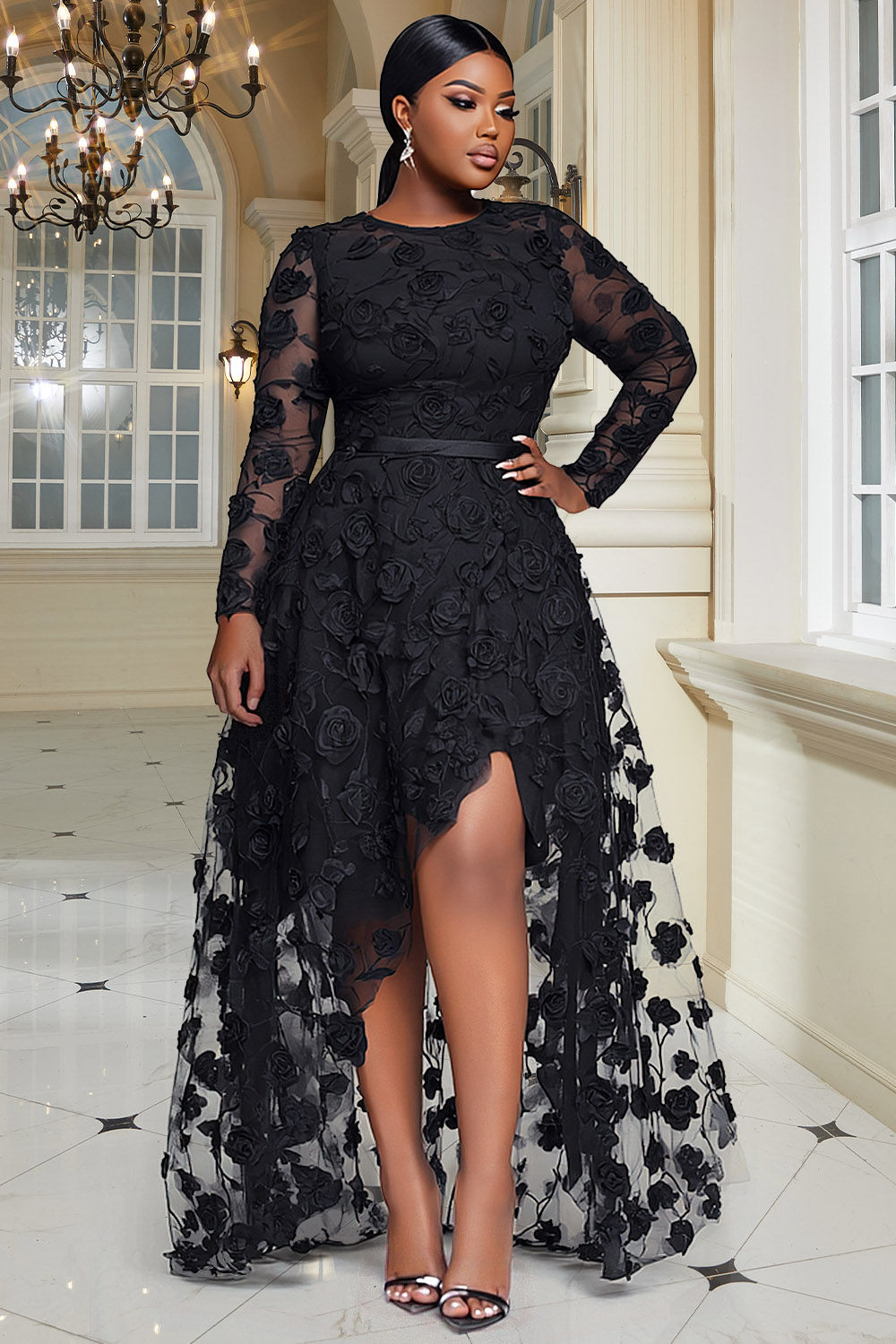 Plus Size Prom Black Round Neck Long Sleeve Asymmetric Hem Elegant See Through L