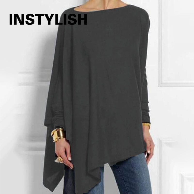 Thumbnail: Cotton Irregular Womens Tops And Blouses Casual O Neck Long Sleeve Top Female Tu
