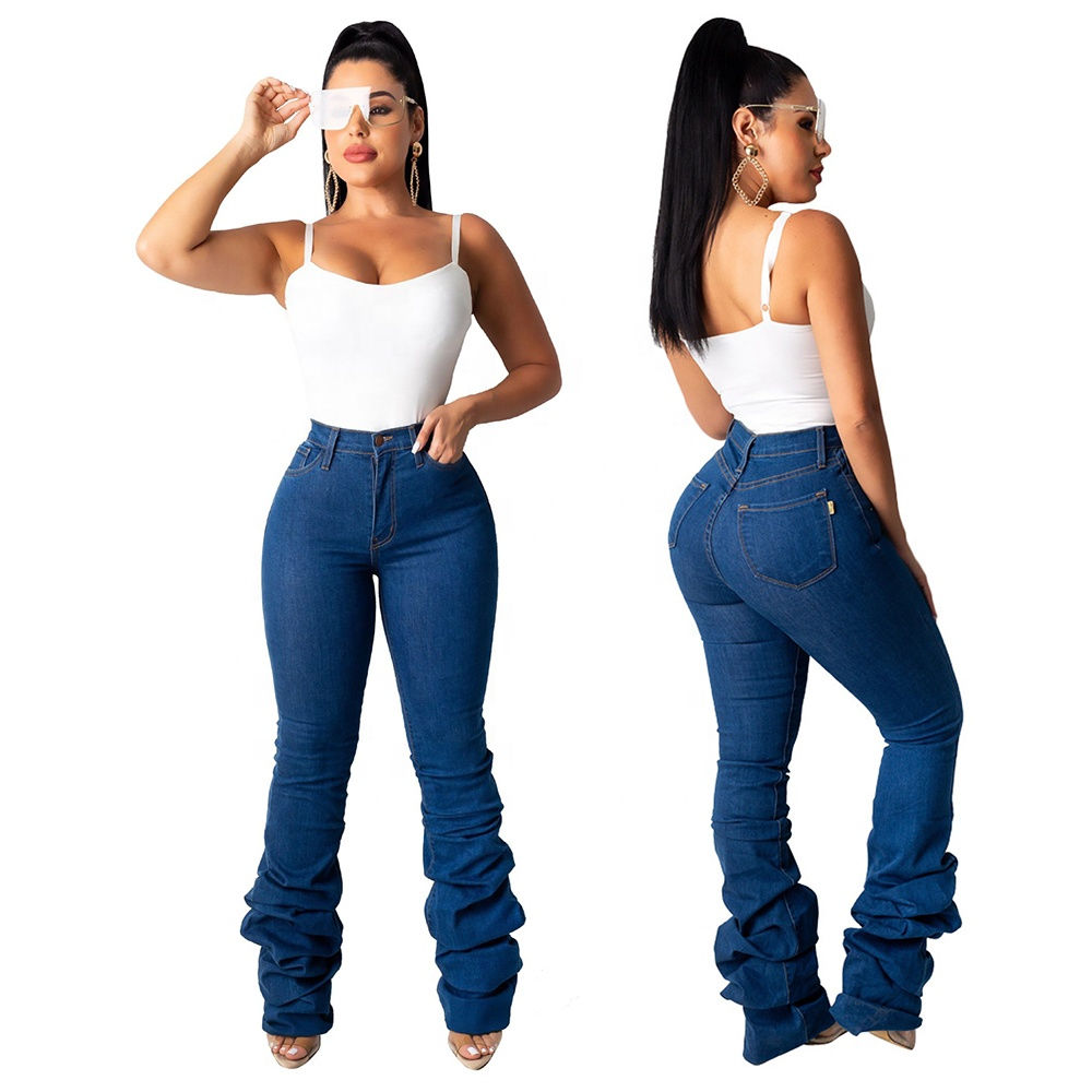 Women Stacked Long Denim High Waist Slim Fit