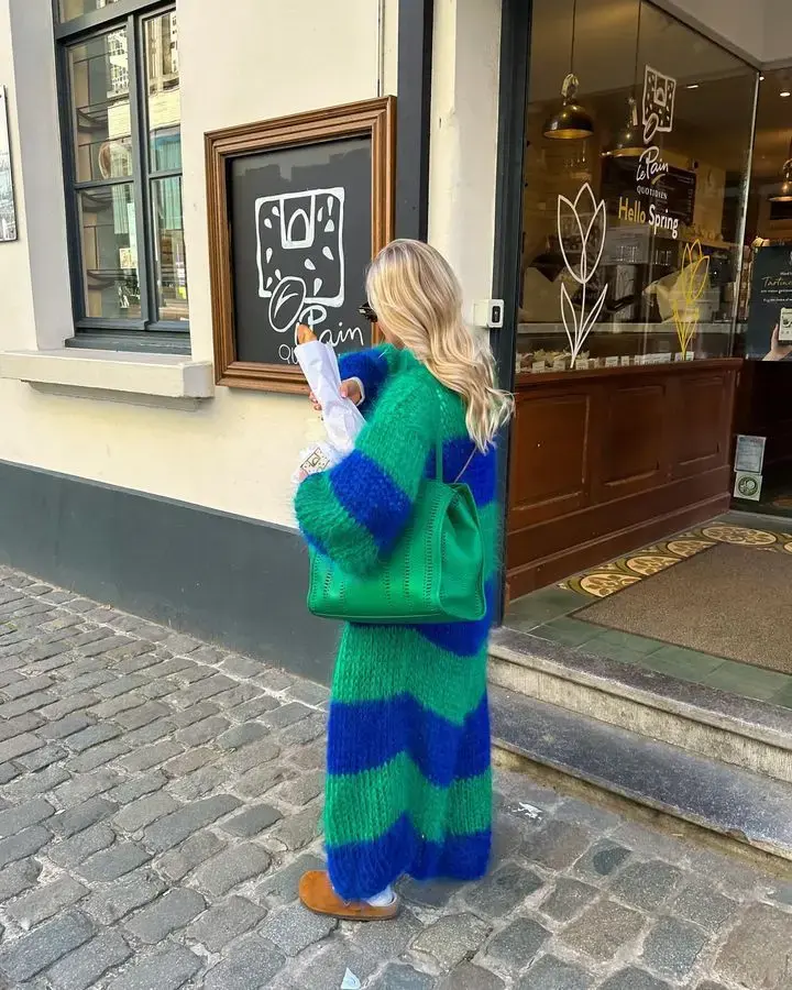 Thumbnail: Cardigan Women Long Coats Striped Full Sleeve Knitted Sweaters Casual Loose Coat