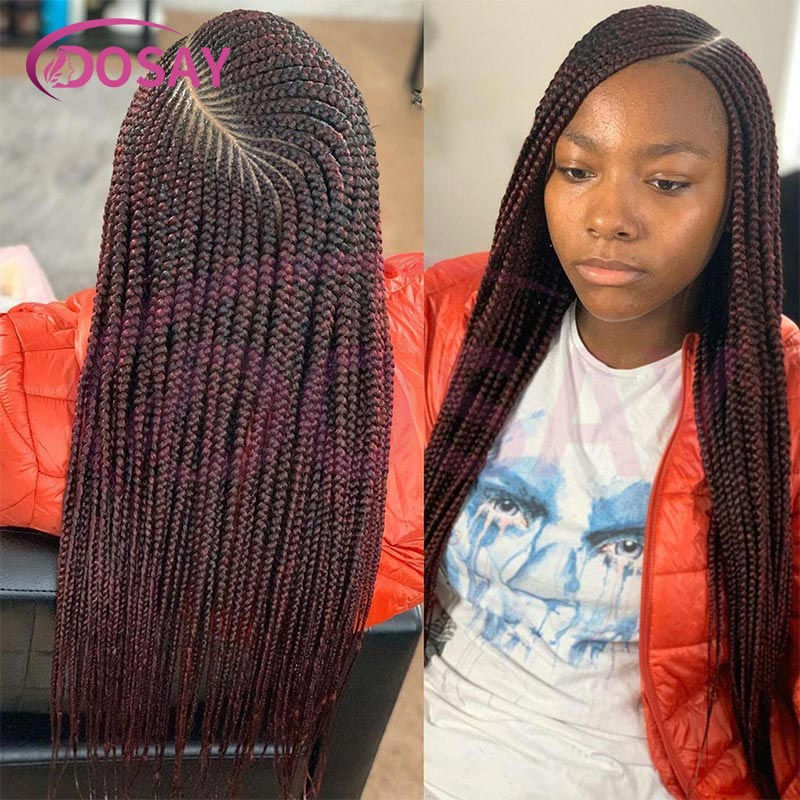 Thumbnail: 36'' Burgundy Full Lace Braided Wigs Faux Locs for Black Women Synthetic Knotles