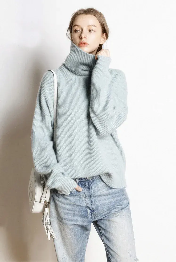 Thumbnail: DY Wool Women's Sweater Autumn Winter Warm Turtlenecks Casual Loose Oversized La
