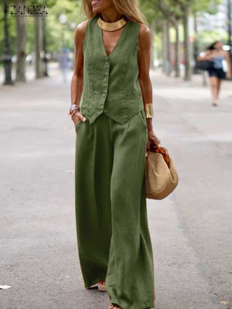 ZANZEA 2026 Women's Two-Piece Sets Wide Leg Pants & Vest Tops Summer Elegant Cas
