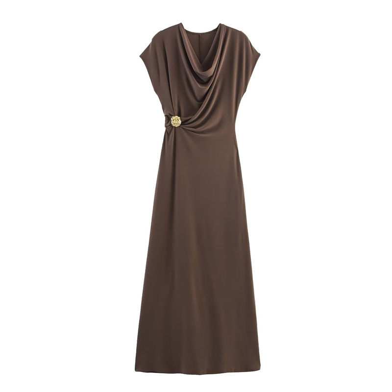 Thumbnail: Women's Dress Summer 2025 New Solid Color Short Sleeve Pleated Gold Embellished 