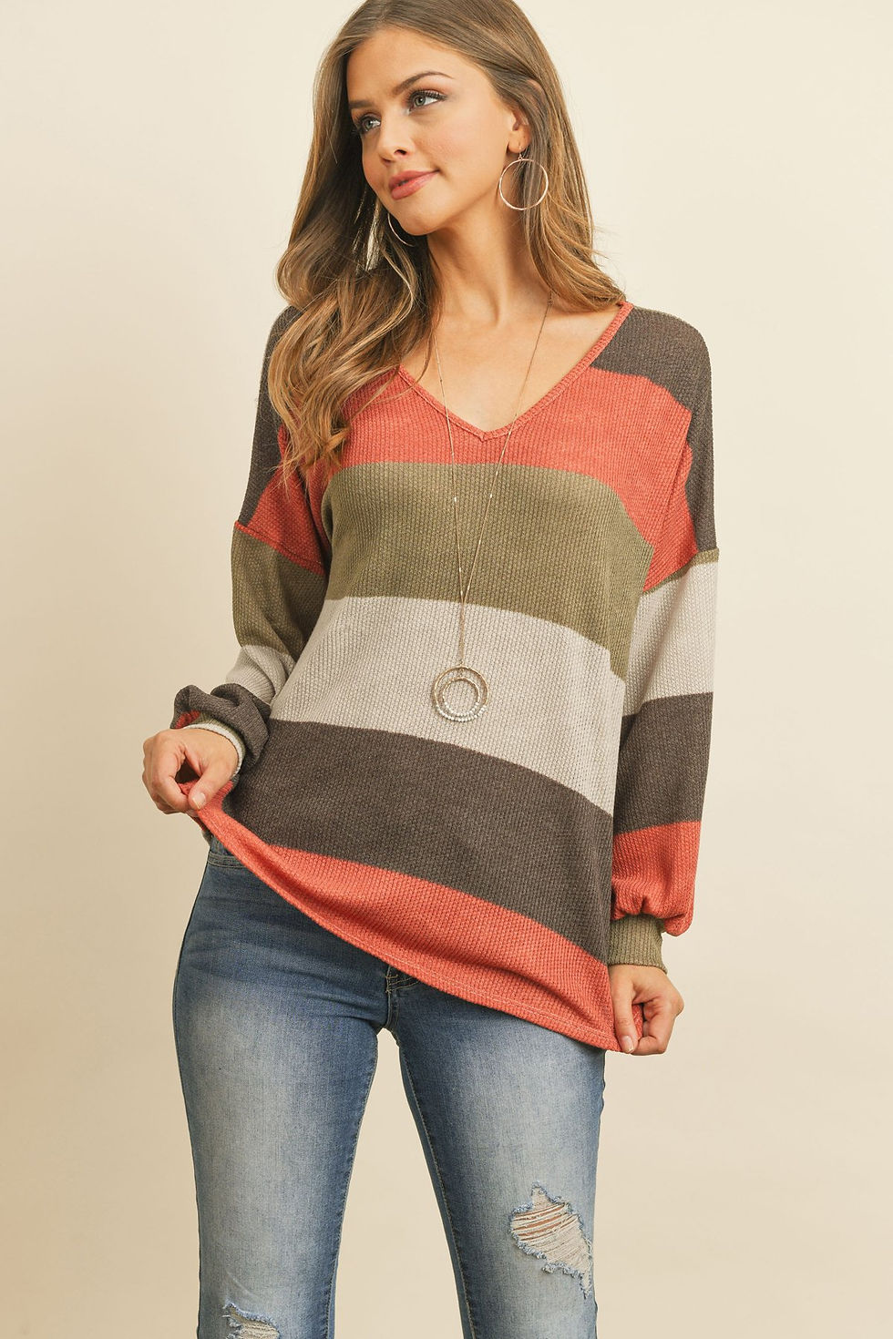 Thumbnail: Rib Multicolor Stripes V-Neck Puff Sleeves Top
