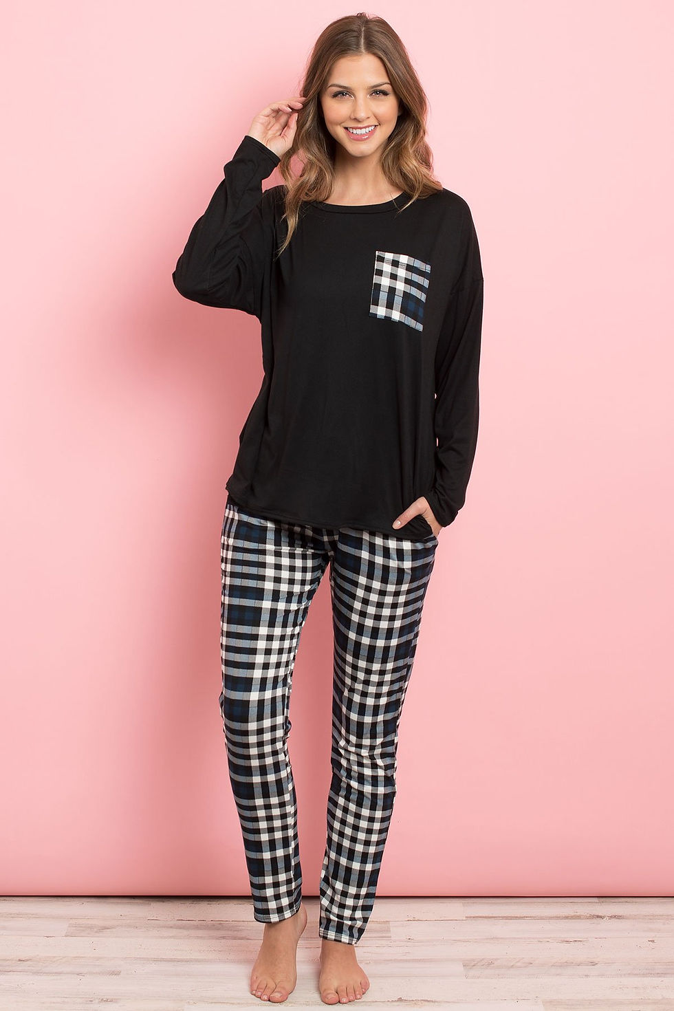 Thumbnail: Solid Top Plaid Pocket and Joggers Set With Self Tie