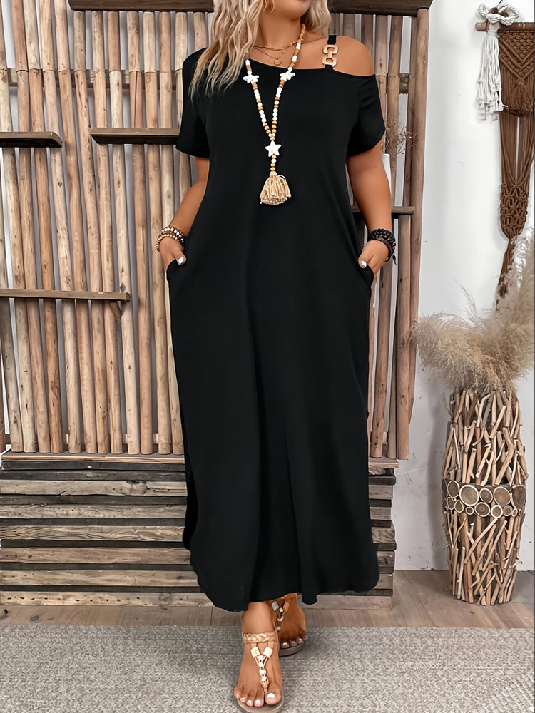 Plus Size Dress Elegant Slit Metal Buckle Single Shoulder Short Sleeve Big Size