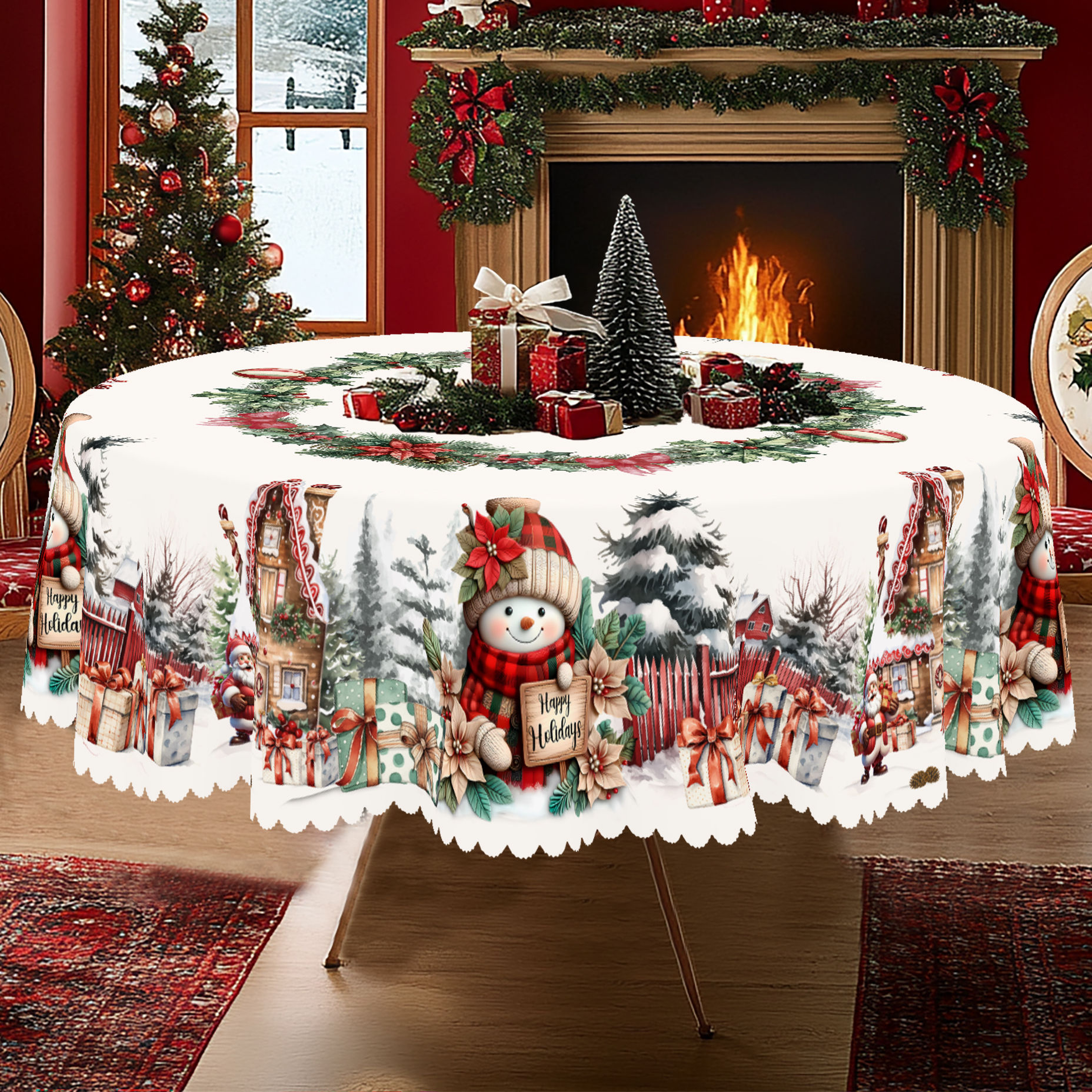 1 Piece of Christmas-Themed Printed Tablecloth, Vintage Country Farmhouse Style,
