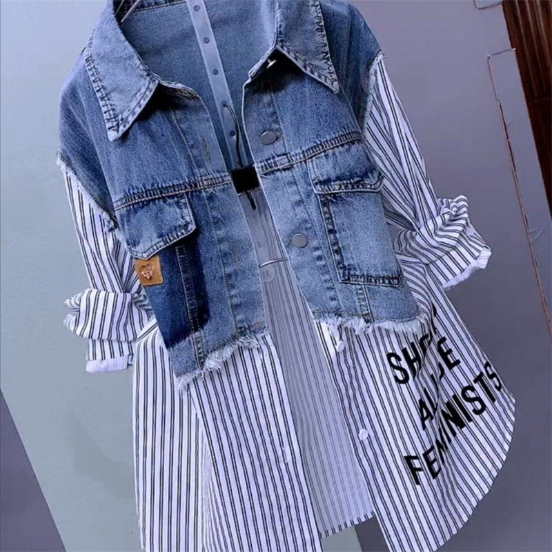 Thumbnail: Fashion Denim Shirt Ladies Tops Women New Splicing Denim Jacket Spring Autumn Ko