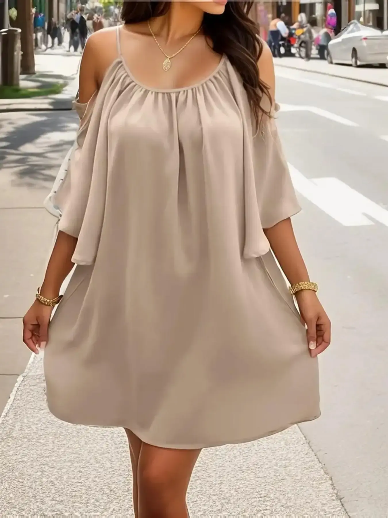 Plus Size 1XL-5XL Women Summer Casual Solid Color Dress Elegant Off Shoulder Dre