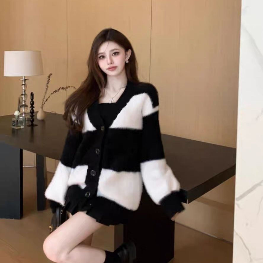 Thumbnail: Women Mink Fur Knitted Cardigans Sweaters Autumn Winter Loose Sweet Fashion Stri