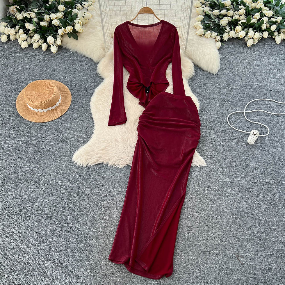 Thumbnail: Fall Sexy 2 Piece Set for Women V-Neck Top And High Waist Slit Hip Skirts Suit R