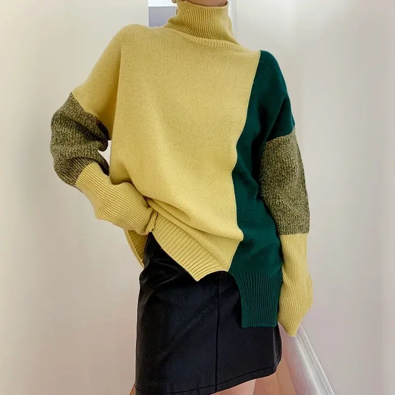 Thumbnail: New Autumn Winter Casual Sweater Turtleneck Contrast Color Loose Sweater Oversiz
