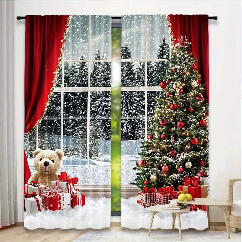 2 pieces - Christmas curtains, Christmas snow scene and tree polyester printed c