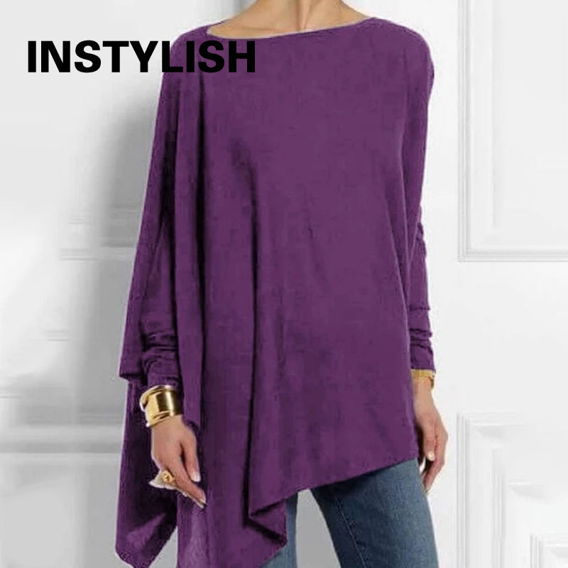 Thumbnail: Cotton Irregular Womens Tops And Blouses Casual O Neck Long Sleeve Top Female Tu