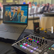 Live event production soundboard and audio visual control monitor for a Park City corporate conference.