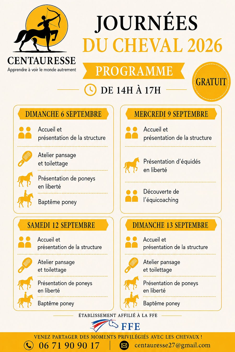 Programme des prochains évènements.