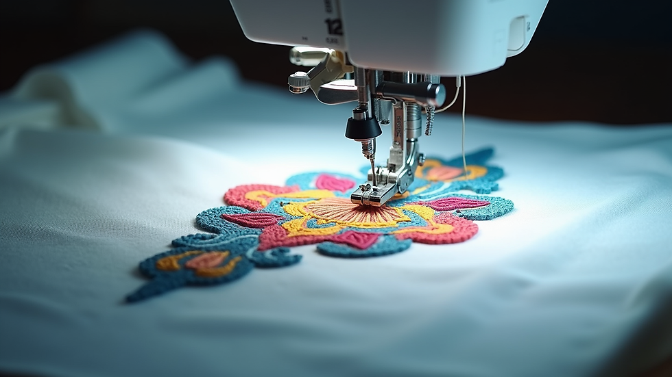 Close-up view of embroidery machine stitching a colorful design on fabric