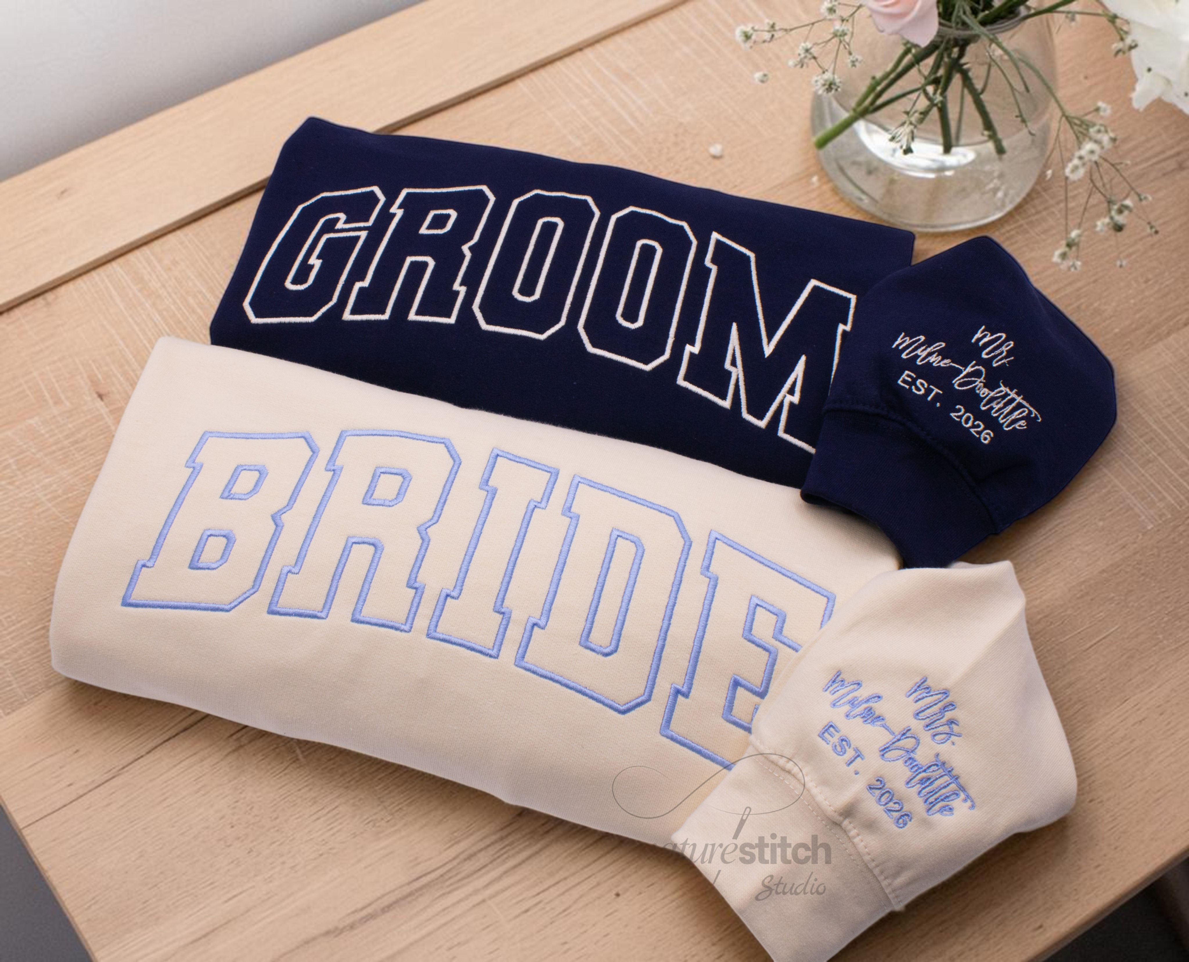 Custom Embroidered Bride and Groom Sweatshirts, Personalized Wedding Hoodie