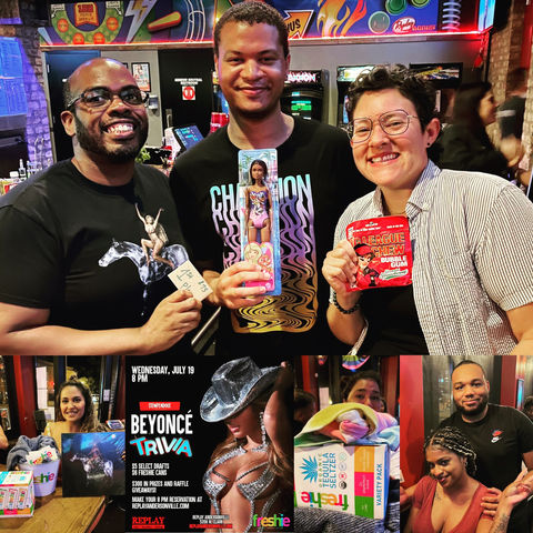 Three trivia team members posing with their Beyonce trivia winnings