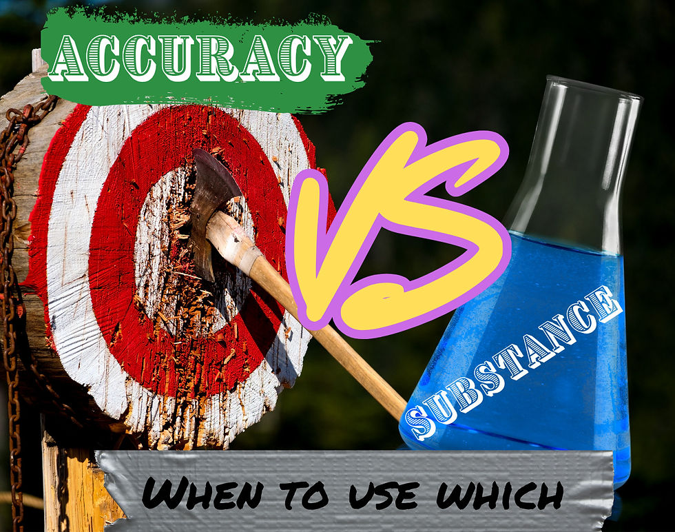 an axe hitting a red target and a blue beaker with substance in it. Accuracy vs Substance and when to use it