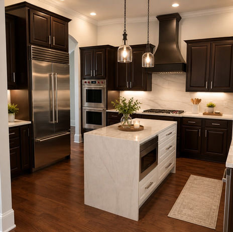 Contemporary kitchen with dark cabinets and white island
