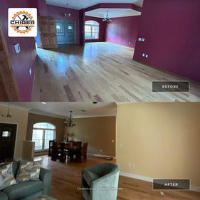 Before and after: empty room purple walls to furnished living area