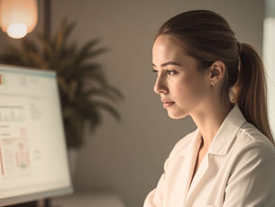 A wellness professional sitting at a desktop computer looking at graphs and charts.
