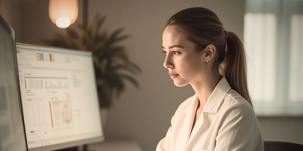 A wellness professional sitting at a desktop computer looking at graphs and charts.
