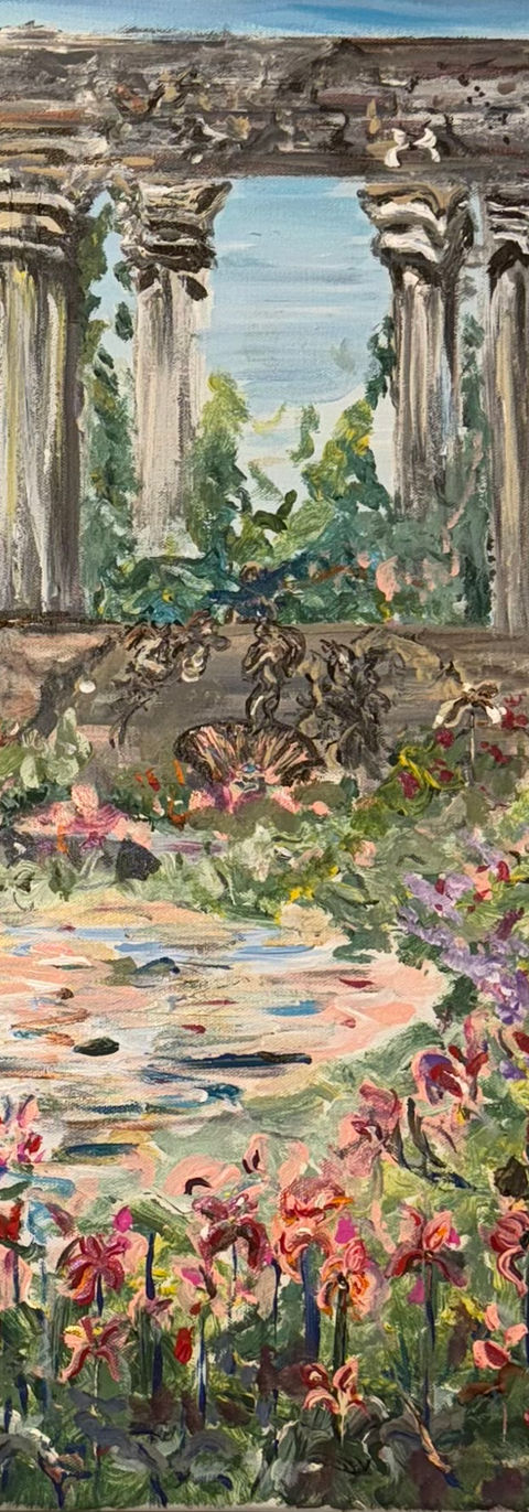 Garden of Venus 
(Taurus Collection)
In the heart of this piece, ancient ruins rise from a lush, blooming paradise — a sacred garden devoted to Venus, the ruling planet of Taurus.
Here, beauty and abundance intertwine: pastel skies, wild irises, climbing vines, and a serene pond reflect the grounded, sensual energy that Taurus embodies.
The crumbling columns hint at a history of devotion to nature, love, and luxury — values Taurus holds dear.
Inspired by the timeless elegance of Greek gardens and the soft vibrancy of Impressionist art, Garden of Venus invites the viewer into a sanctuary of calm, pleasure, and rooted connection to the Earth.
A quiet celebration of patience, prosperity, and the enduring power of natural beauty.