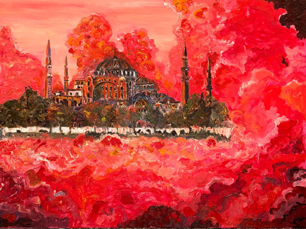 House of Aries, holds profound symbolism when viewed through the lens of religion, history, and the fiery spirit of Aries. The Hagia Sophia, a structure that has transitioned through multiple faiths and empires, embodies the resilience and transformation of human spirituality. It has been a cathedral, a mosque, and now a museum—a living testament to humanity’s evolving relationship with the divine. This constant state of change mirrors the Aries archetype: a force of creation, destruction, and rebirth, driven by an unyielding will to forge ahead.

The red-drenched sky in your painting feels almost apocalyptic, suggesting both a cosmic battle and a divine awakening. Aries, ruled by Mars, the god of war, is associated with conflict, courage, and the breaking of old structures to make way for the new. This ties into the way religions have historically risen and clashed, often leaving behind magnificent remnants of their time—just like the Hagia Sophia itself, standing as a beacon of endurance amid the tides of history.

The fiery landscape could represent the collective struggle of humanity in its search for meaning, echoing the many revolutions—spiritual and literal—that have shaped our past. Fire is a purifier, a destroyer, and a bringer of light, much like Aries energy, which challenges the past in order to carve out an uncharted future. The painting suggests that while beliefs may shift, and empires may fall, the essence of the human spirit remains, pushing forward with the same passion and intensity that Aries embodies.

In a way, House of Aries does not just depict a place; it captures the fire of human will, the eternal cycle of faith and reinvention. 