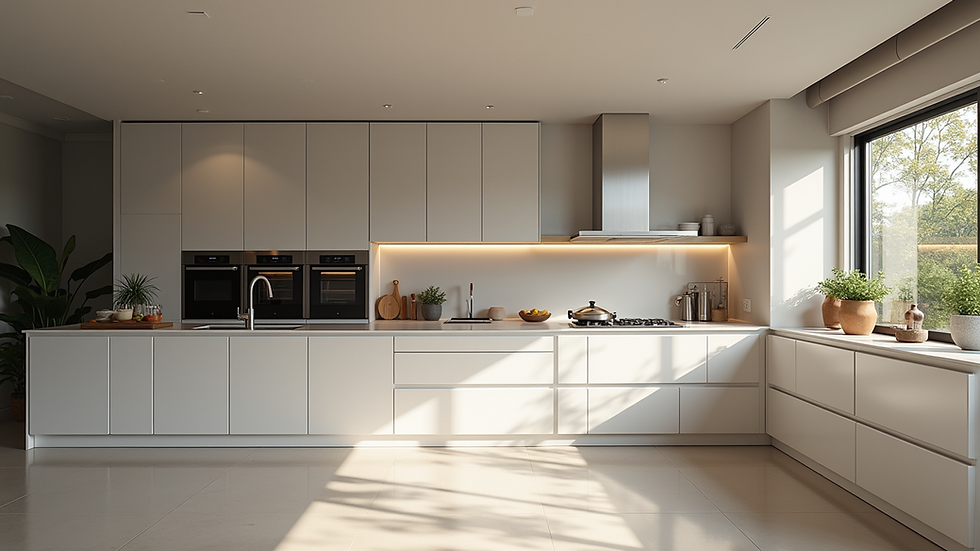 Eye-level view of a modern kitchen with sleek cabinetry and a large island