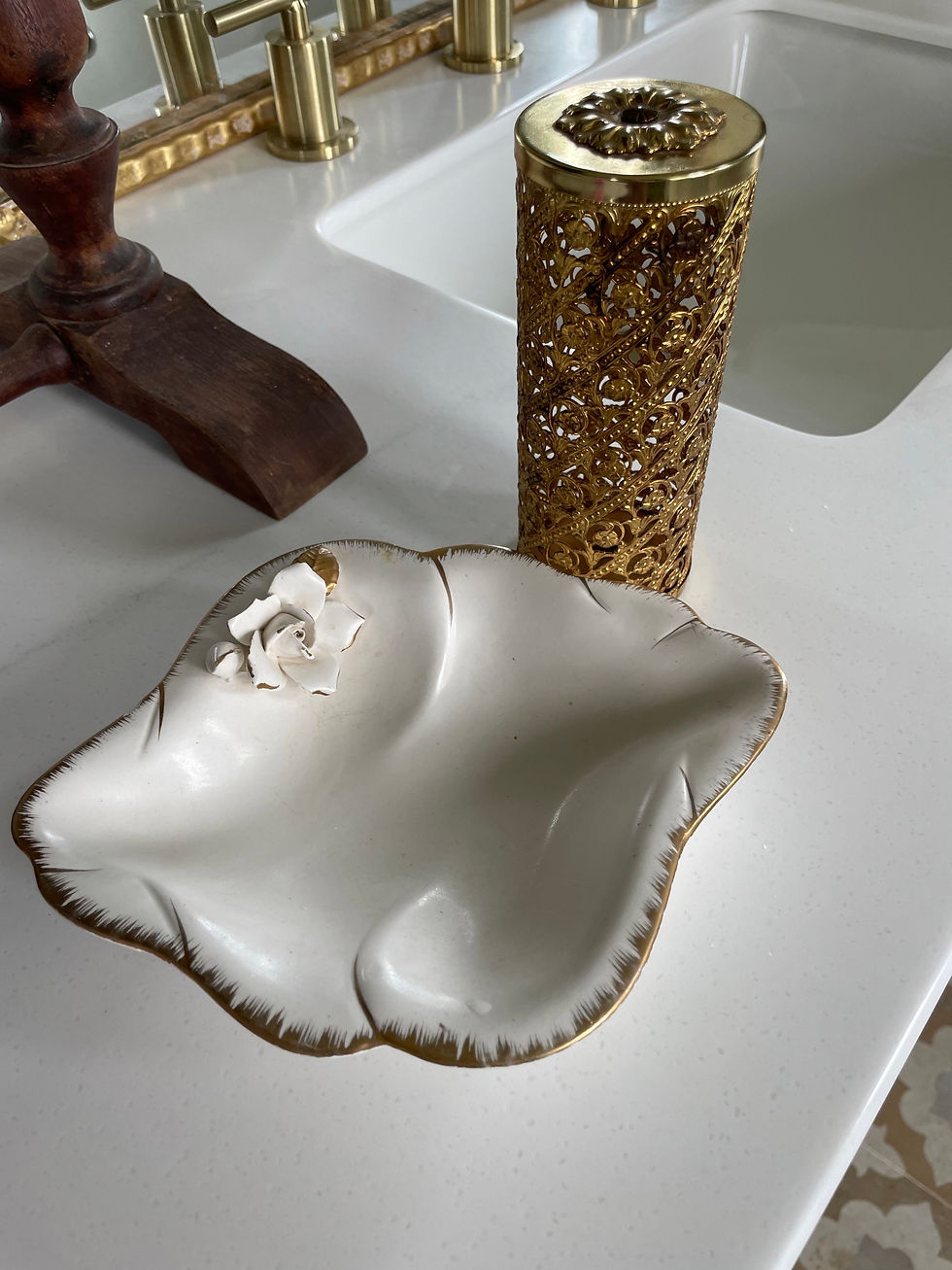 Thumbnail: Cream & Gold ceramic vintage jewelry dish and vintage gold hair spray can holder