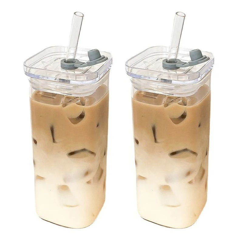 1Pcs Square Heat Resistant Coffee Glass Cup With Lid and Straw Transparent Milk