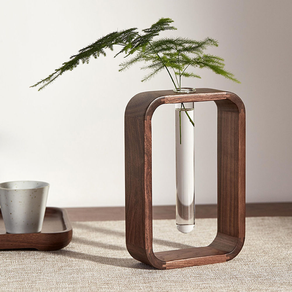 HeMu Minimalist Wooden Frame Test Tube Vase Walnut Wood Hydroponic Planter, Mode