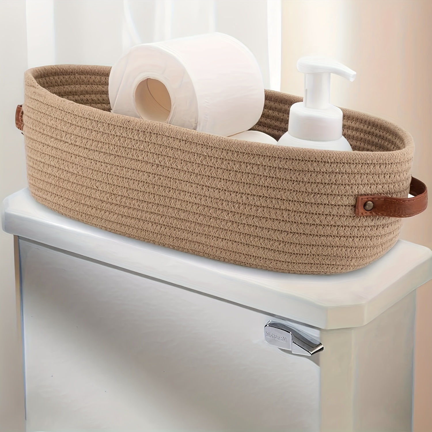 Oval Woven Bathroom Storage Basket, Multifunctional Desktop Organizer, Toilet Pa