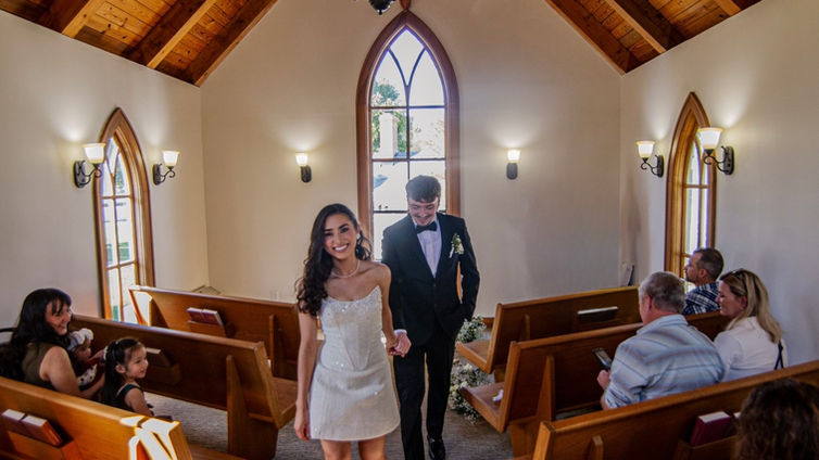 Intimate wedding ceremony setup inside Shawnee Kansas chapel