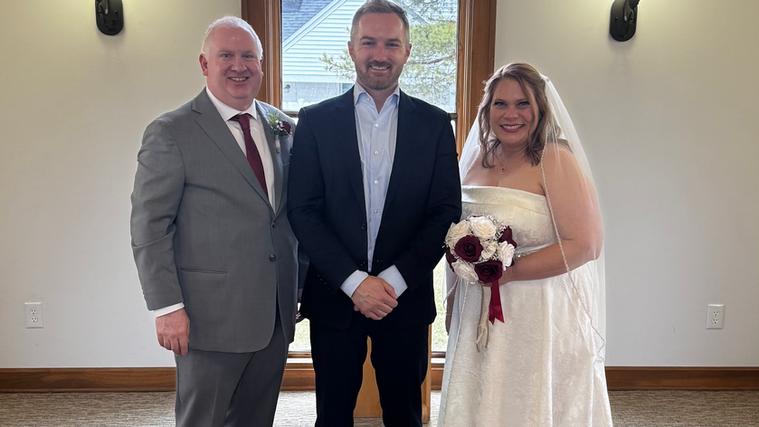 Wedding ceremony inside chapel interior