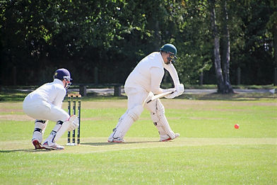 Two people playing cricket on a field