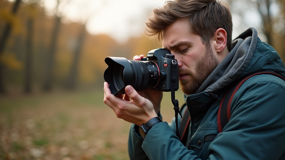 Close-up view of a photographer adjusting camera settings outdoors