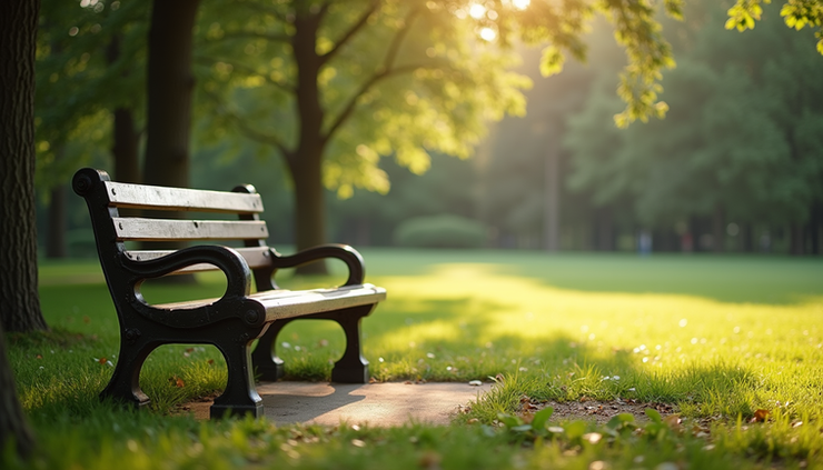 Eye-level view of a peaceful park bench surrounded by green trees and soft sunlight