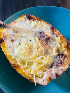 Cheesy Garlic Baked Spaghetti Squash