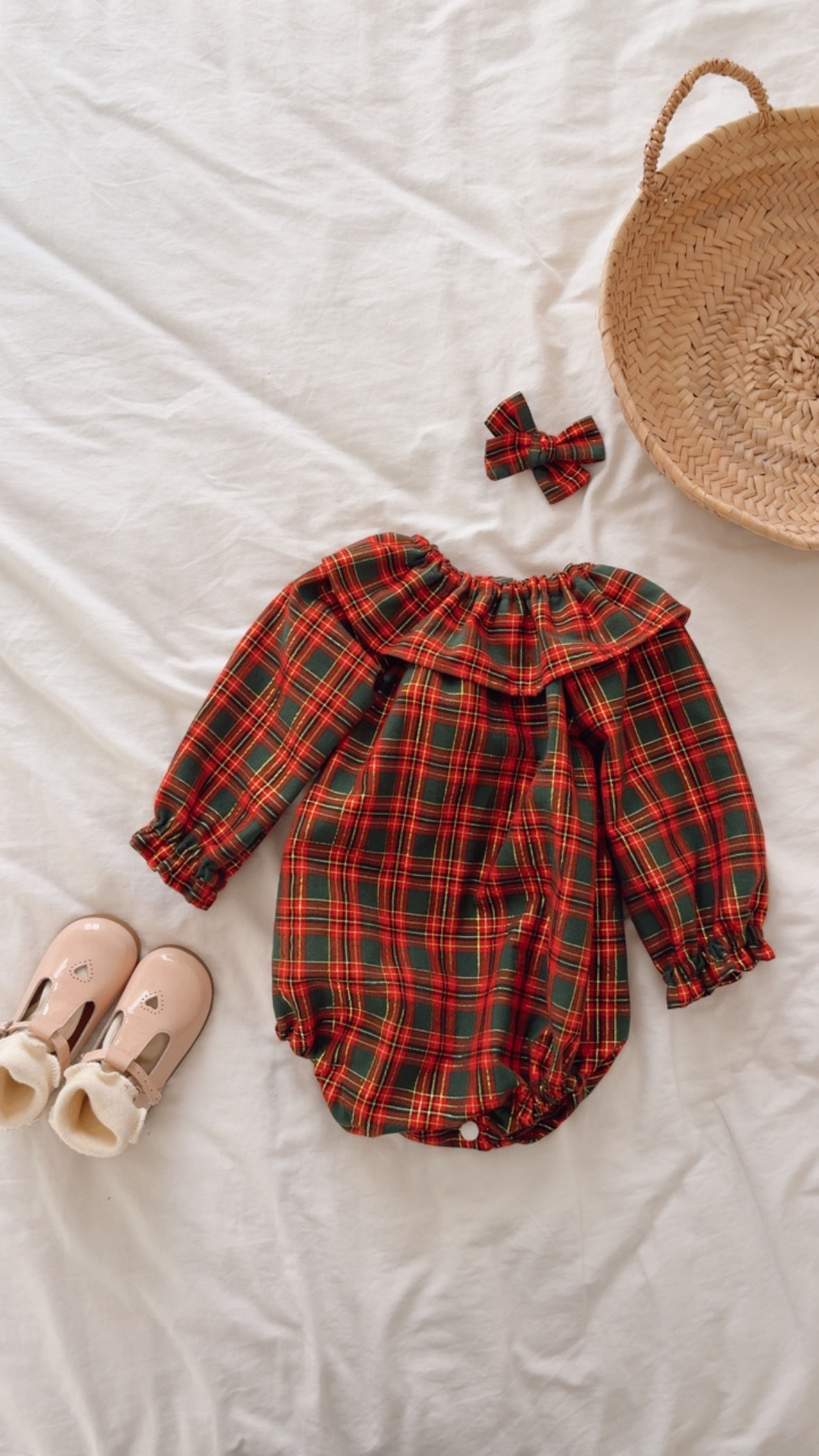 Barboteuse bébé/fille manches longues coton "Tartan doré "