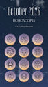 October 2026 horoscopes poster with starry night background, zodiac icons in pastel circles, and asheycakes.com text.